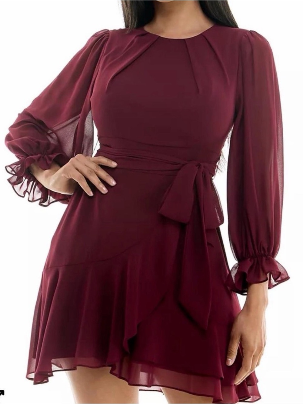 B. Darlin Burgundy Long Sleeve Tie-Waist Mini Dress – Size 5/6